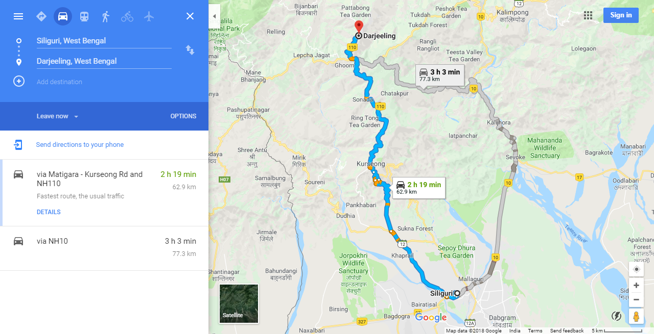 Route Map By Car Siliguri West Bengal to Darjeeling