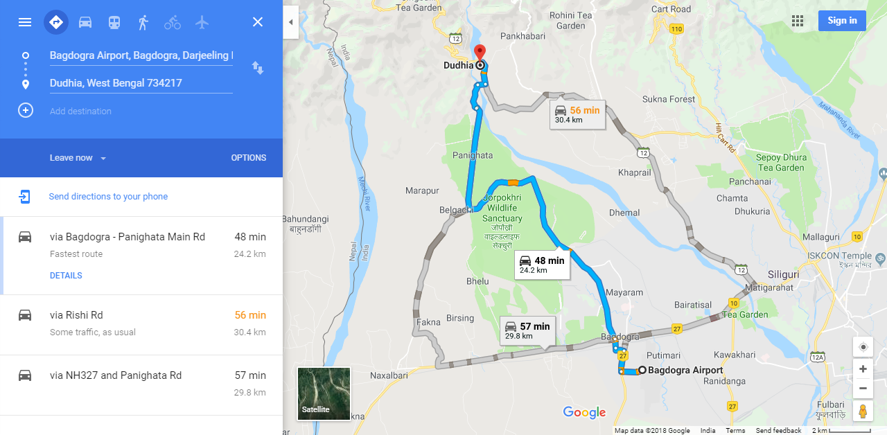 Bagdogra Airport to Dudhia by Car or Taxi - Distance and Route map