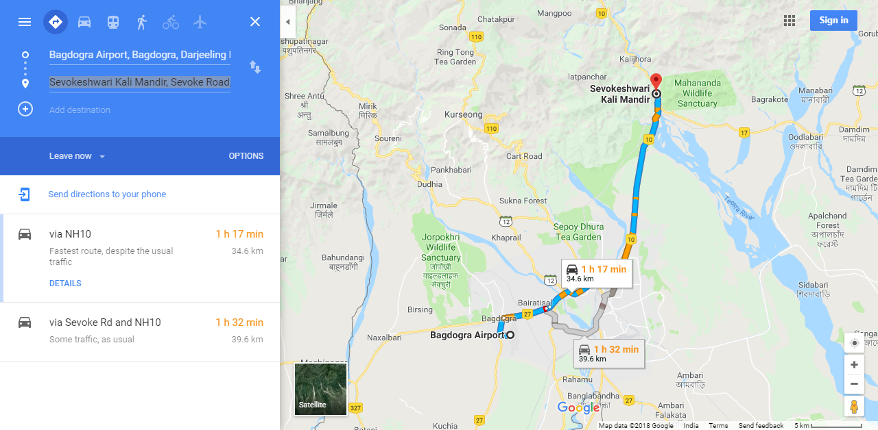 Bagdogra Airport to Sevokeshwari Kali Mandir by Car or Taxi - Distance and Route map