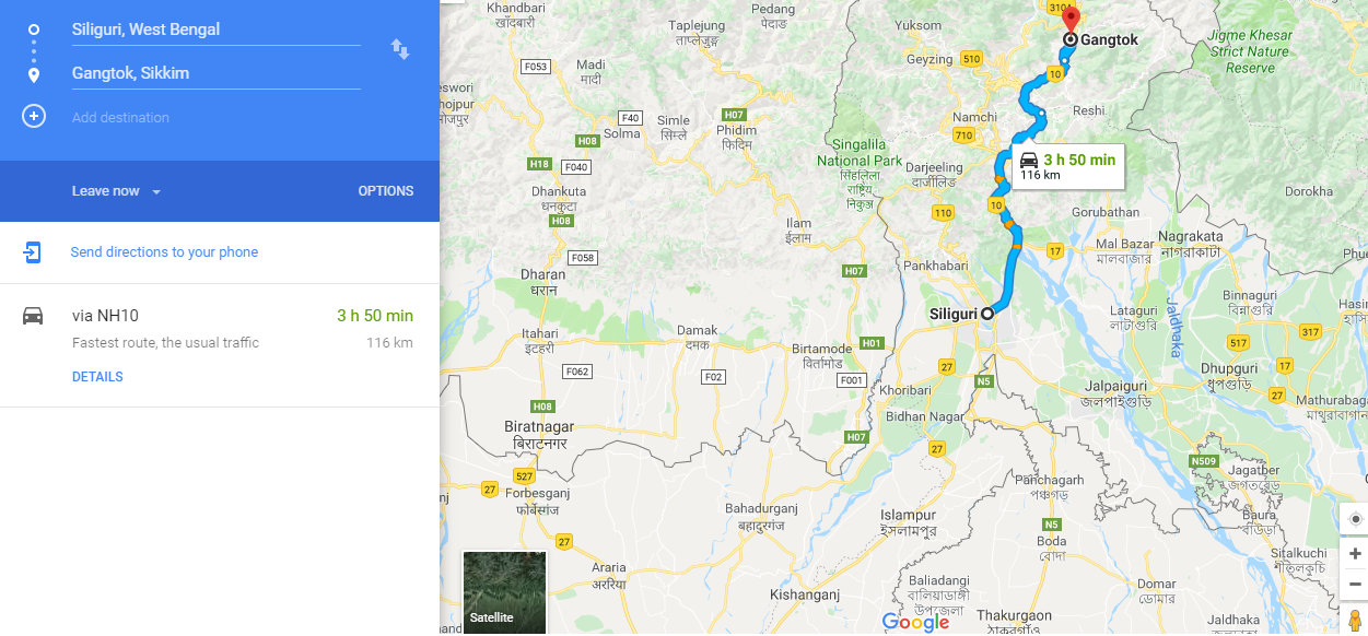 Siliguri to Gangtok Route Map From Google