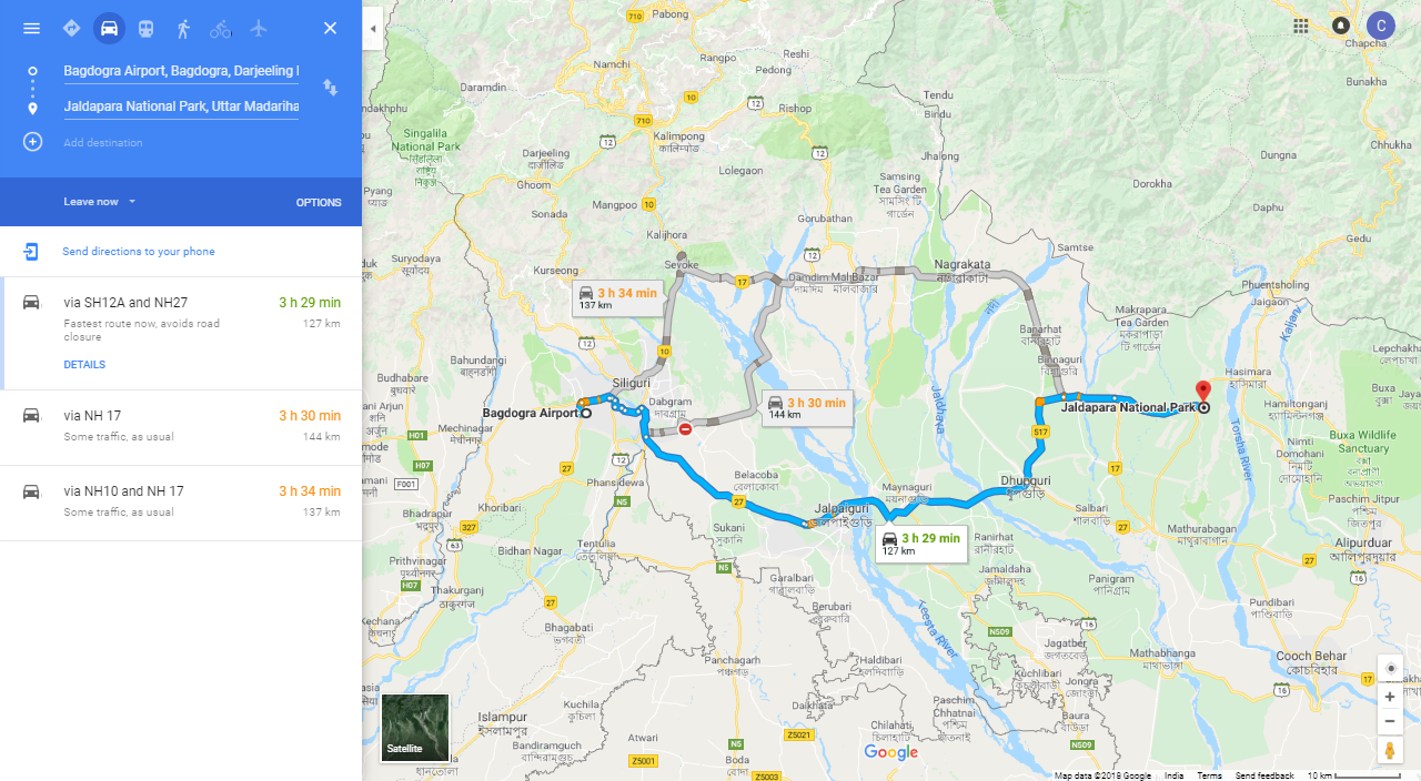 Bagdogra Airport to Jaldapara National Park distance route map