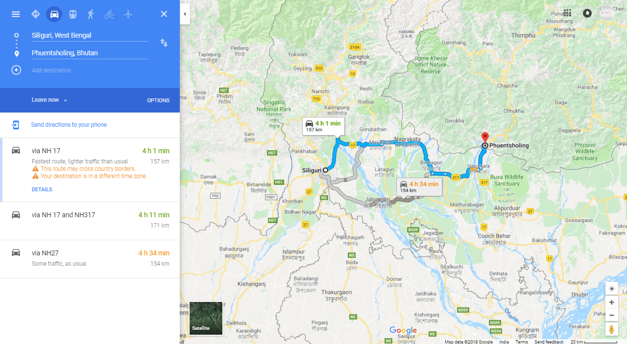 Phuentsholing From Siliguri Route Map
