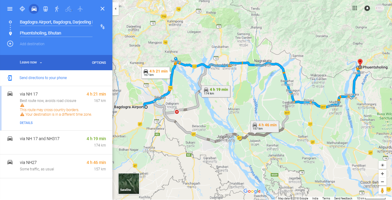 Phuentsholing from Bagdogra Route Map