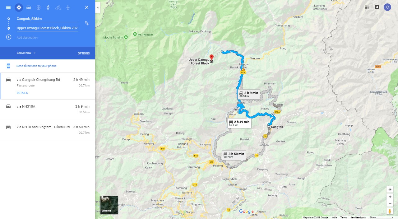 Gangtok to Dzongu Route map by Google