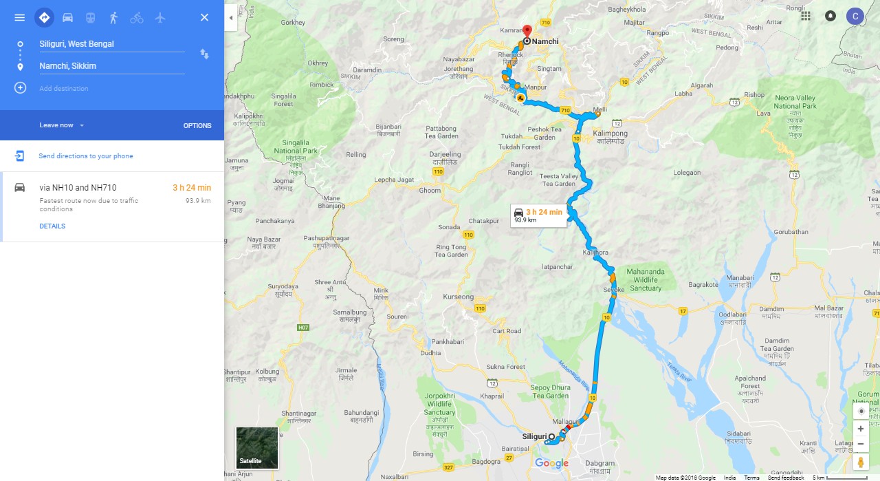 Siliguri to Namchi Distance Route Map