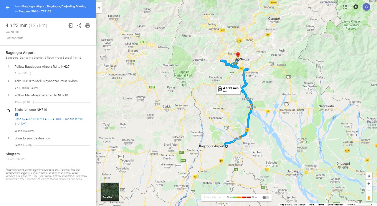 Bagdogra Airport to Singtam Route Map