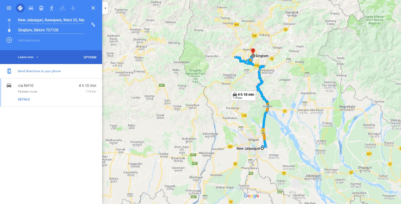 NJP to Singtam Route Map