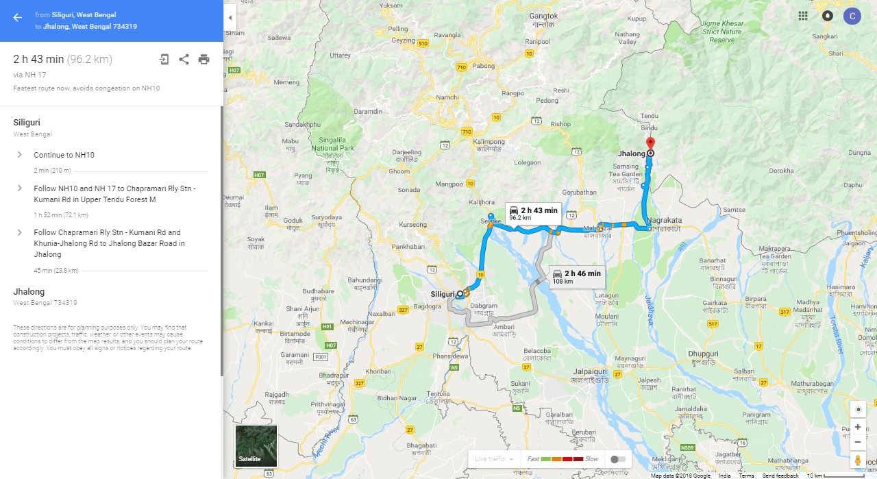 Siliguri to Jhalong Route Map